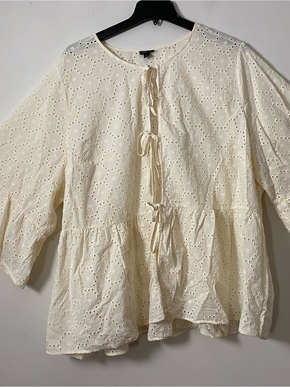 Eyelet Tie-Front Peplum Blouse - Cream lace. 100% Cotton